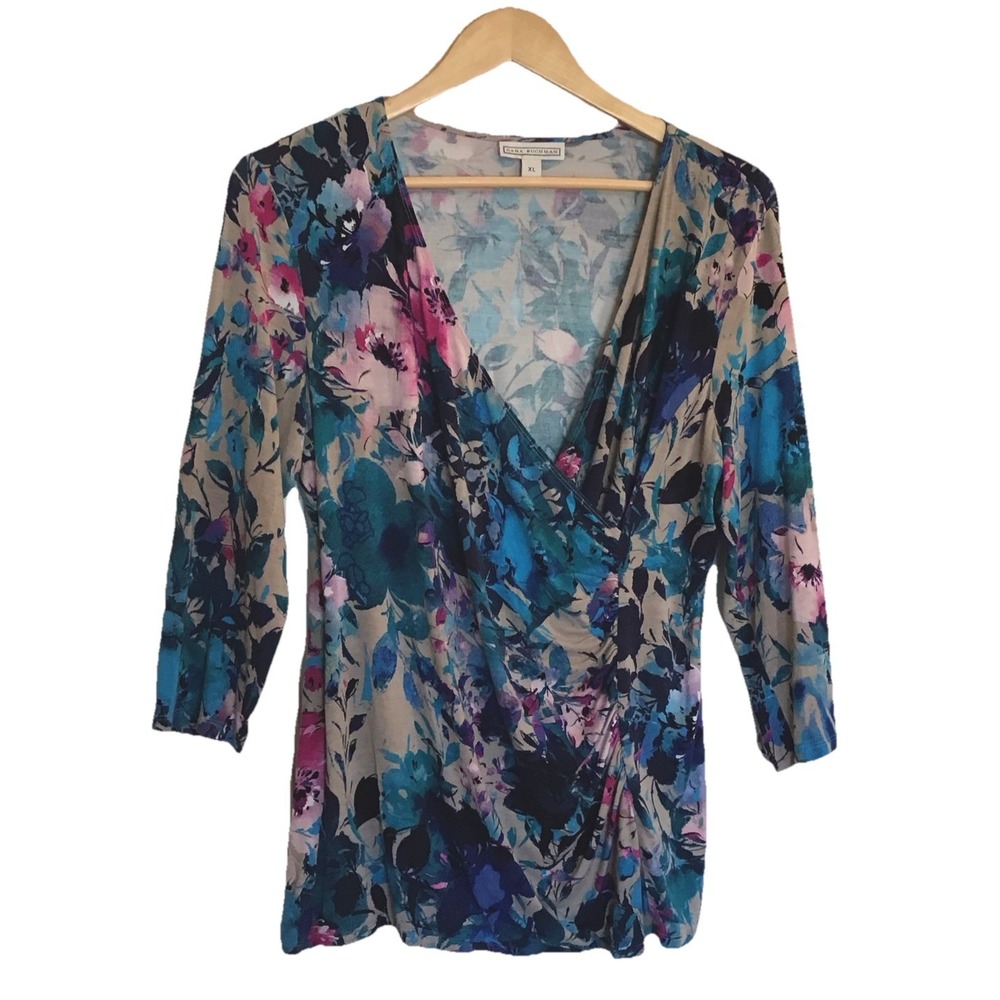 Dana Buchman Womens Top VNeck Half Sleeve Multicolor Abstract Print Ruched Sz XL